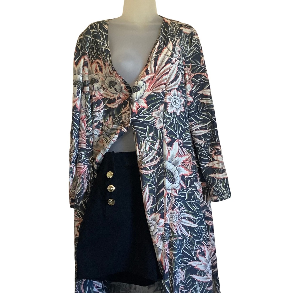 H&M Floral Kimono Duster Longline Open Front Maxi‎ Cardigan Navy Pink Size 12